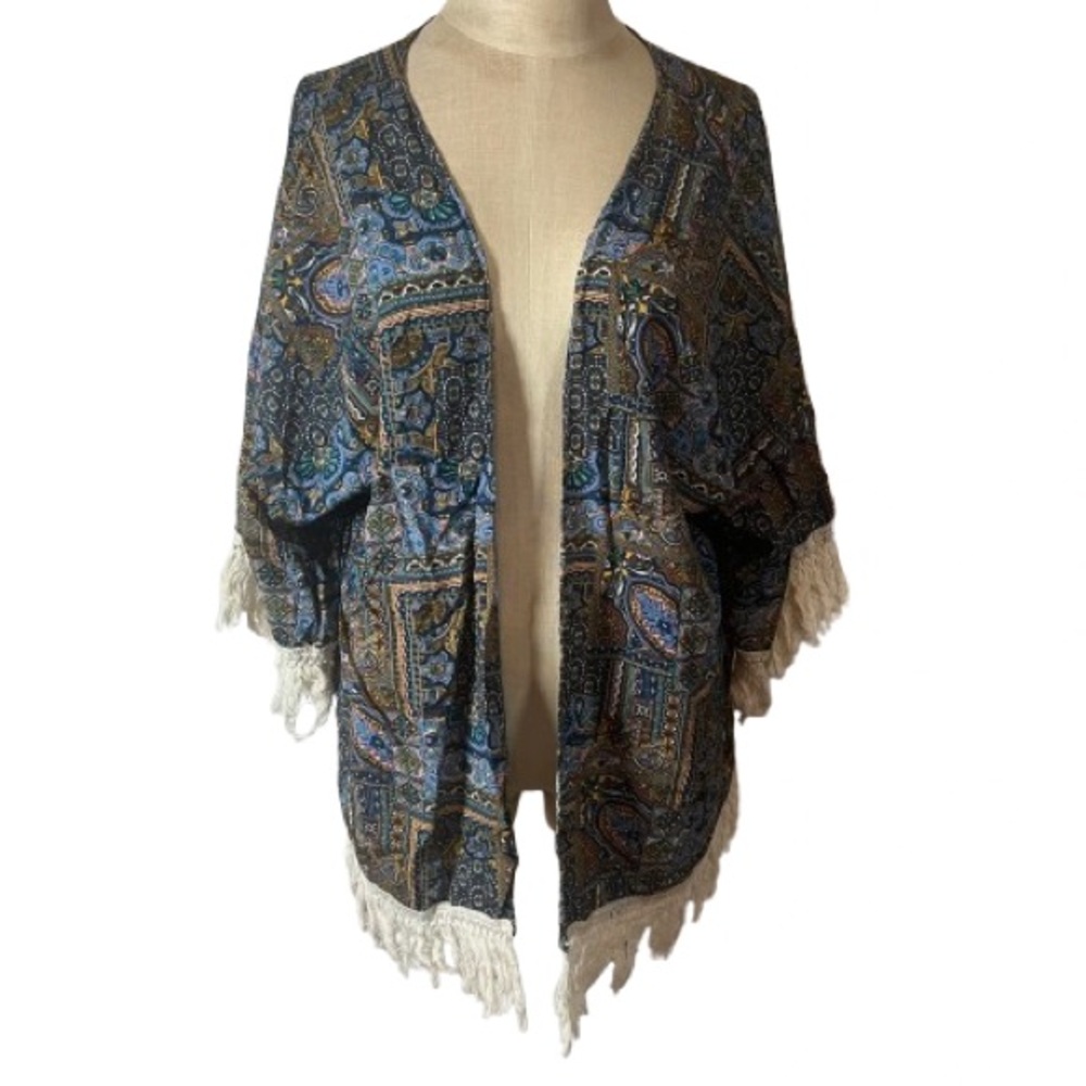 Boho Paisley Fringe Kimono - Blue Multi medium/ large
